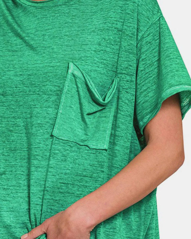 Zenana Pocketed Round Neck Dropped Shoulder T-Shirt