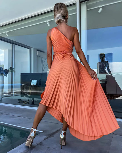 Full Size Single Shoulder Pleated Midi Dress Plus Size 