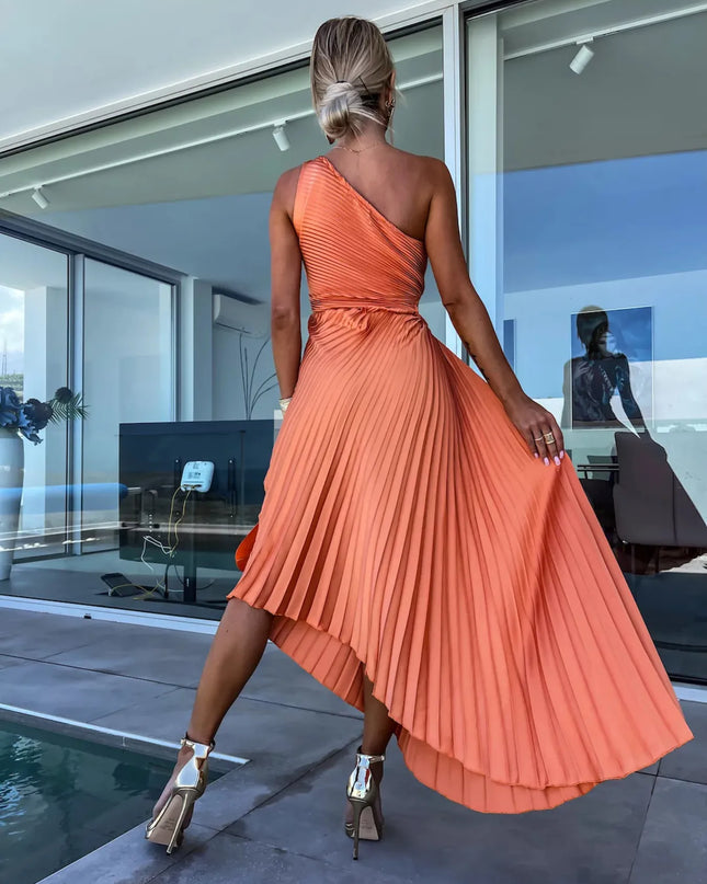 Full Size Single Shoulder Pleated Midi Dress Plus Size 