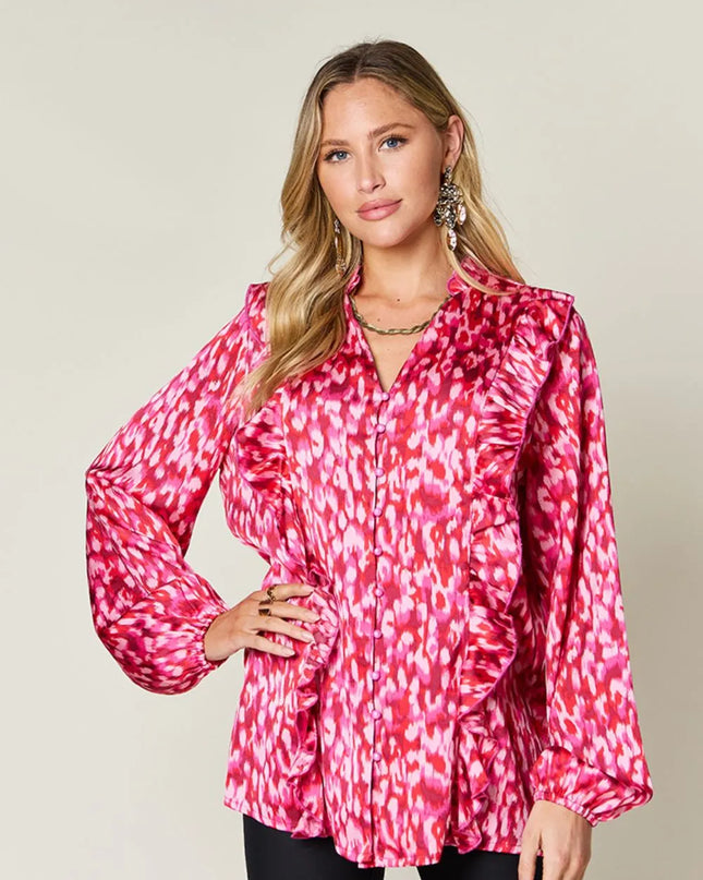 Double Take Full Size Printed Ruffle Trim Balloon Sleeve Shirt Hot Pink