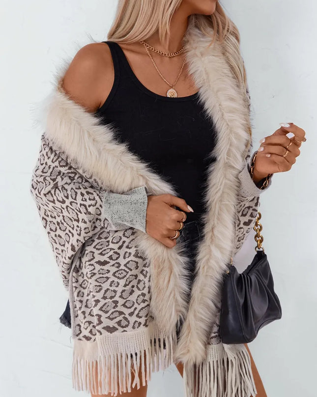 Fringe Leopard Open Front Long Sleeve Poncho