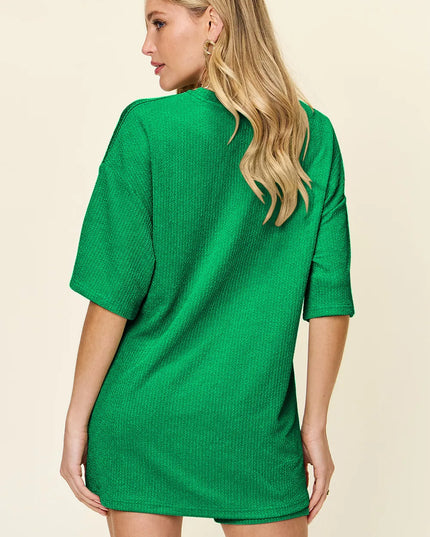 Double Take Full Size Texture Round Neck Drop Shoulder T-Shirt and Shorts Set 
