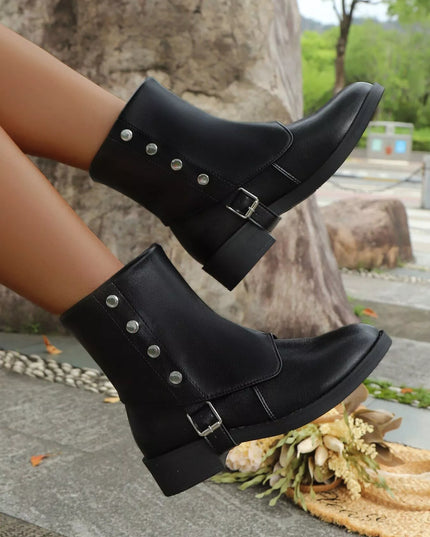 Buckle Block Heels Boots