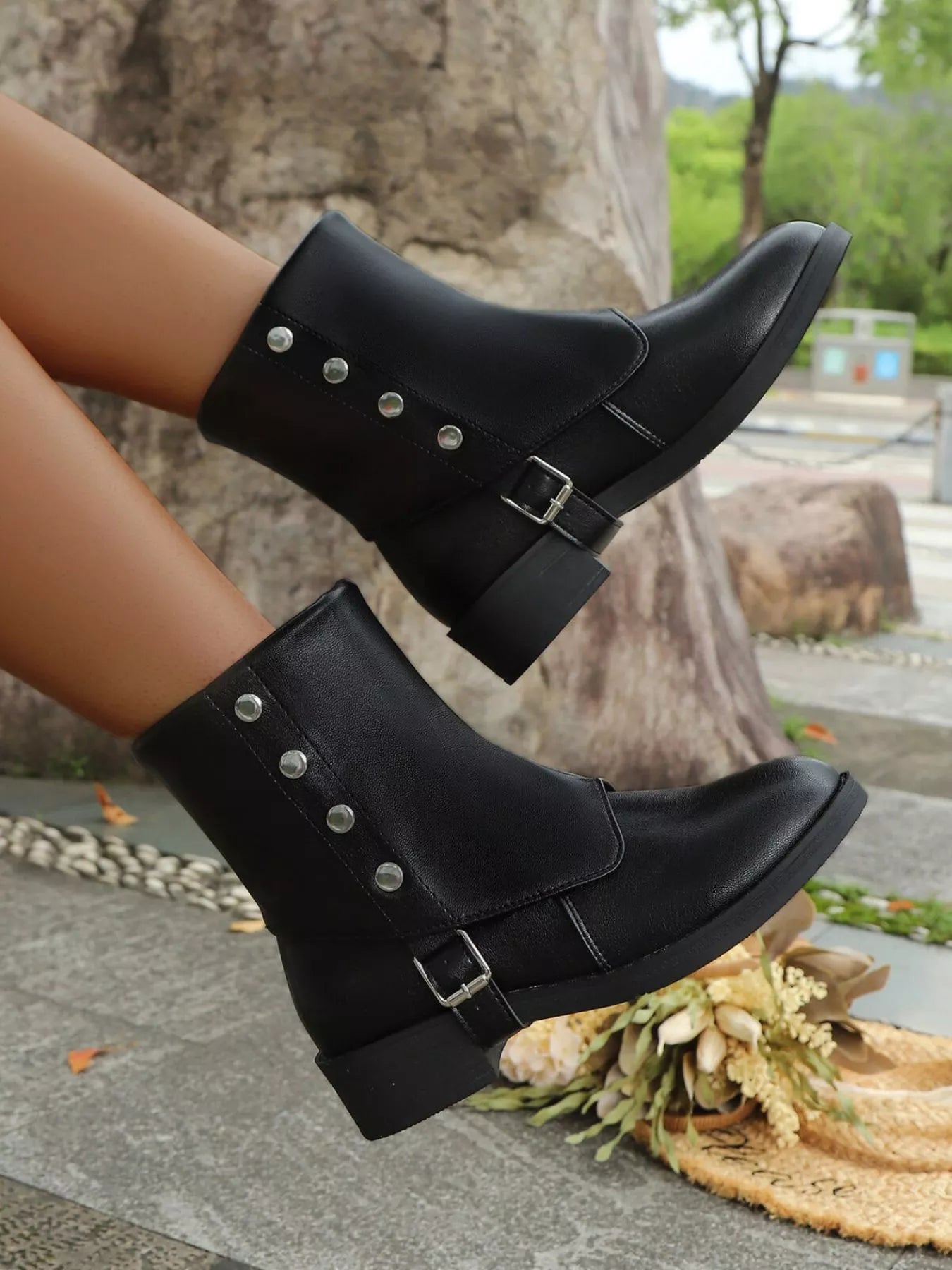 Buckle Block Heels Boots