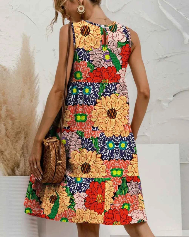 FAM-FAM Tiered Printed Round Neck Sleeveless Dress