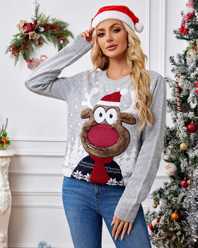 Reindeer Round Neck Long Sleeve Sweater