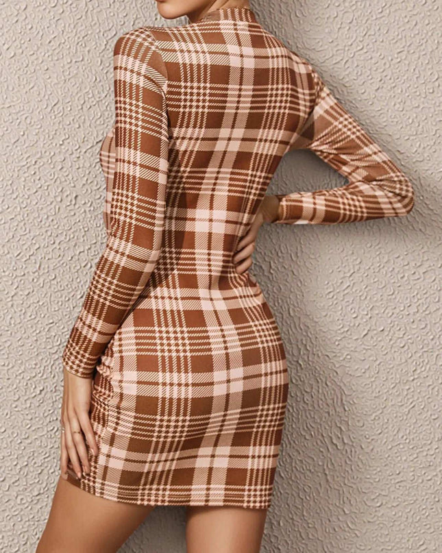 Long Sleeve Plaid Bodycon Mini Dress