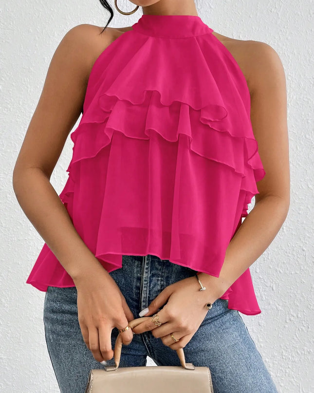 Ruffled Layered Sleeveless Top Rose Red
