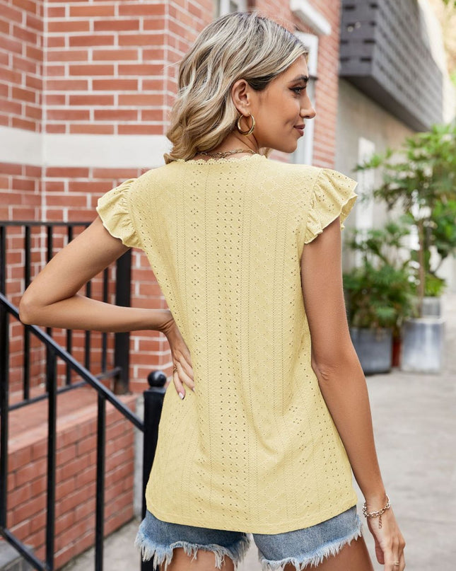 Eyelet Flutter Sleeve Scalloped V-Neck Top