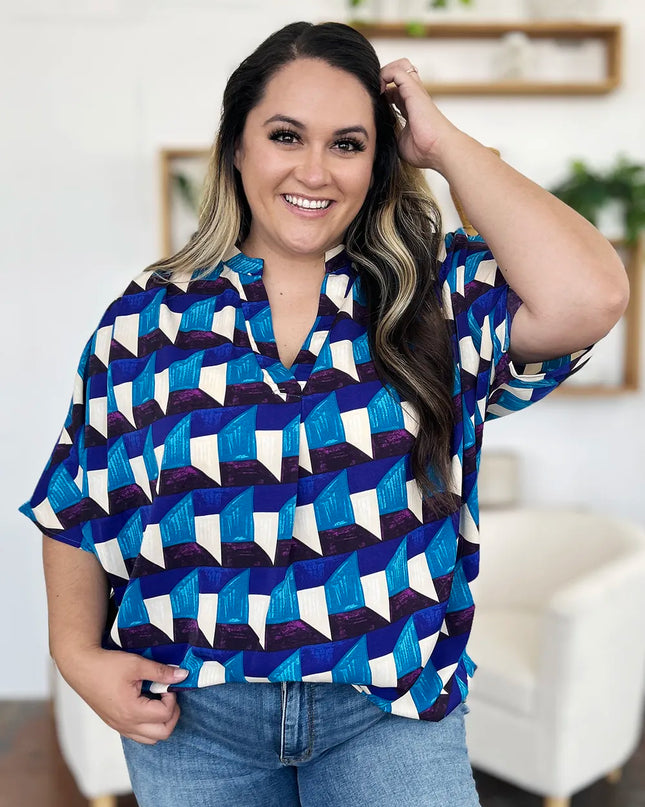 Double Take Full Size Geometric Notched Half Sleeve Blouse