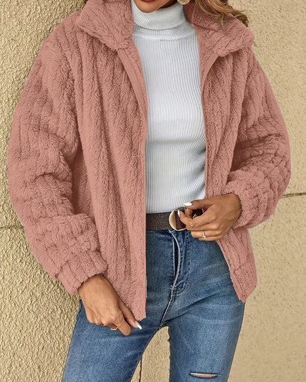 Plush Zip Up Long Sleeve Jacket Dusty Pink