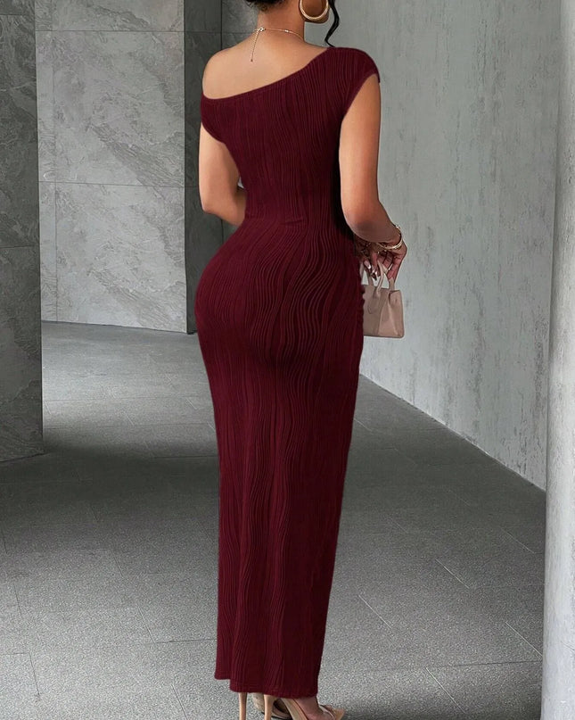 Textured Single Shoulder Bodycon Maxi Dress 