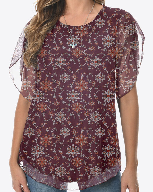 Printed Round Neck Curved Hem Blouse