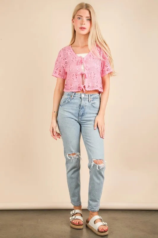 VERY J Front Tie Crochet Crop Top Pink