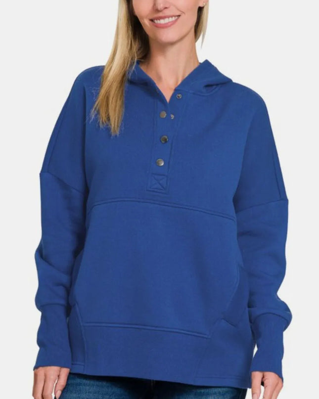 Zenana Half Snap Long Sleeve Hoodie with Kangaroo Pocket