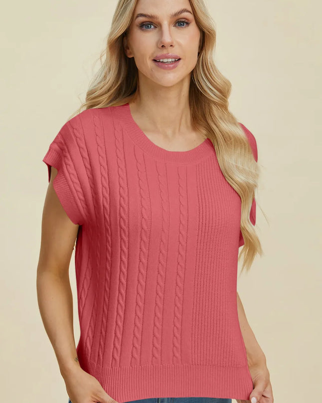 Double Take Full Size Cable-Knit Round Neck Short Sleeve Sweater