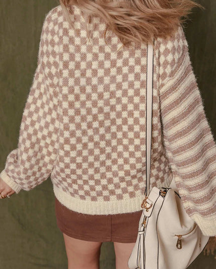 Stripe Checkerboard Drop Shoulder Balloon Sleeve Sweater