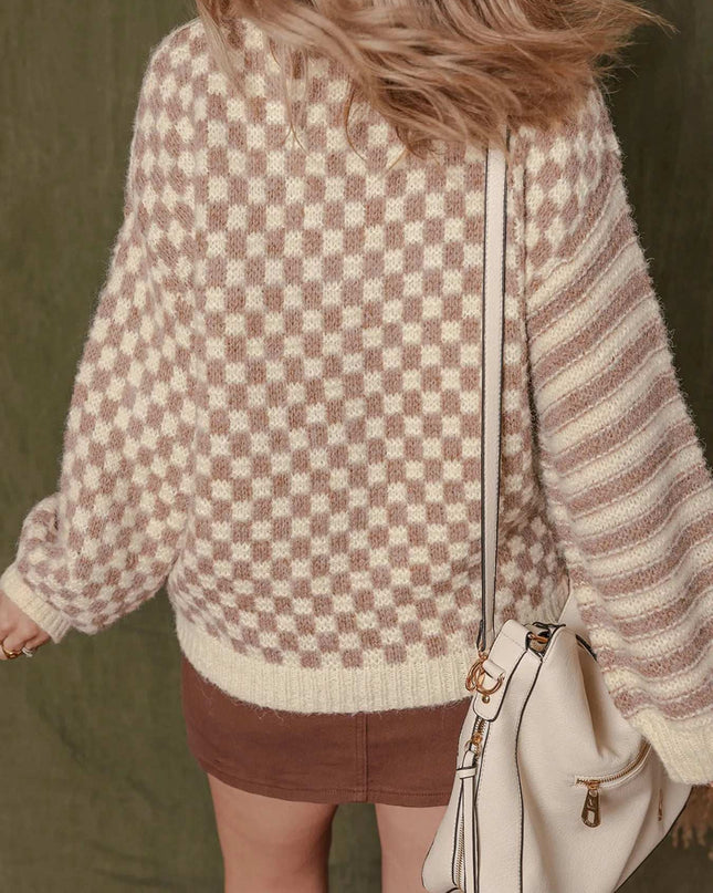 Stripe Checkerboard Drop Shoulder Balloon Sleeve Sweater