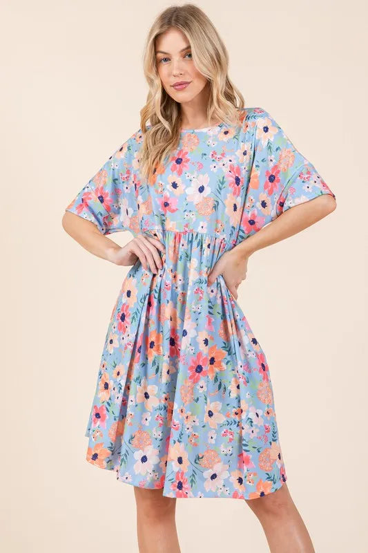 BOMBOM Floral Shirred Dress with Pockets