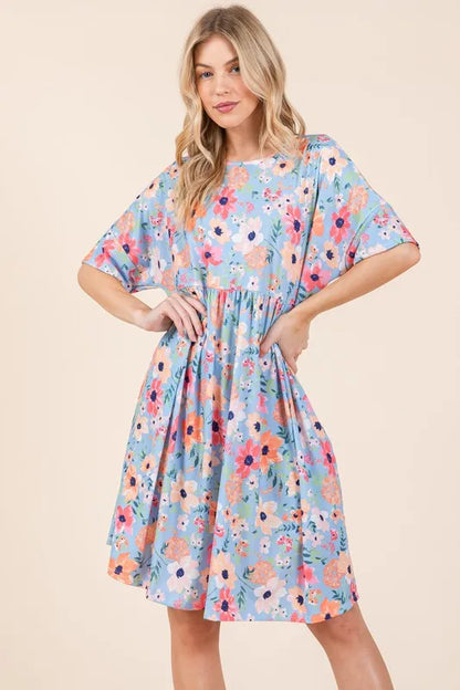 BOMBOM Floral Shirred Dress with Pockets