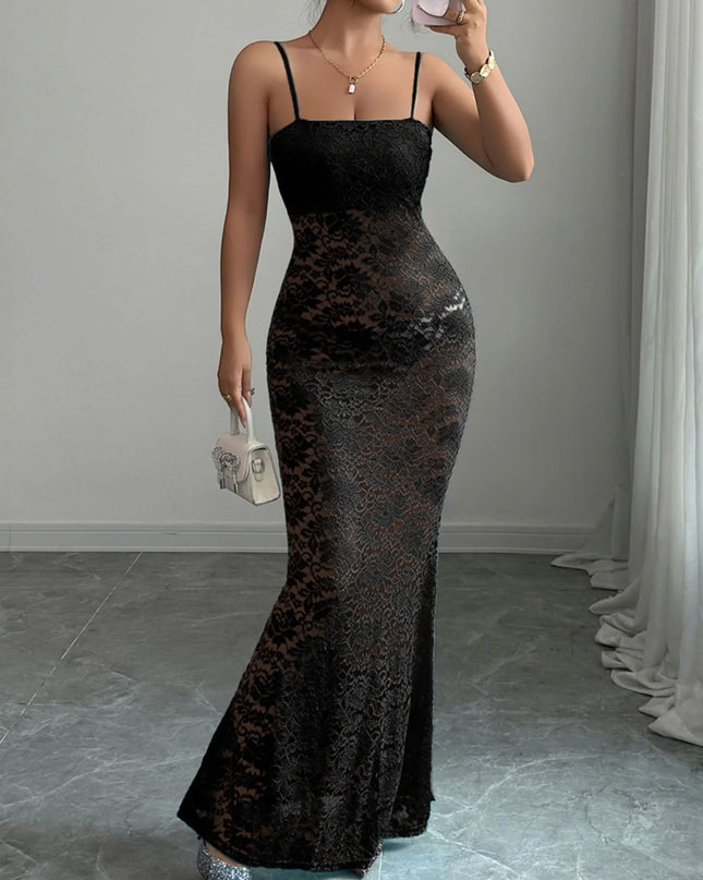 Lace Square Neck Maxi Cami Dress Black