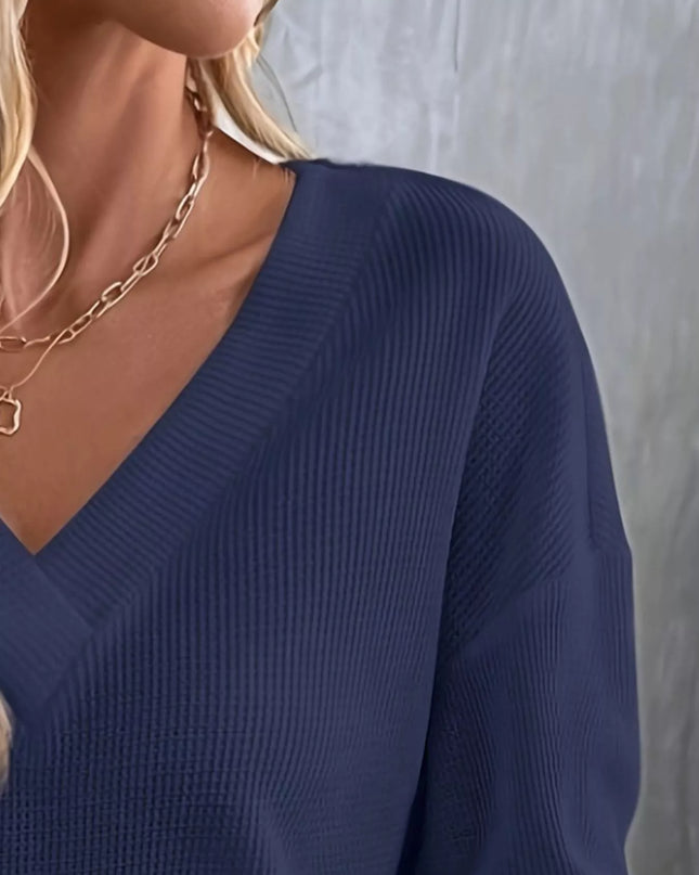 Plus Size V-Neck Long Sleeve Waffle Knit T-Shirt