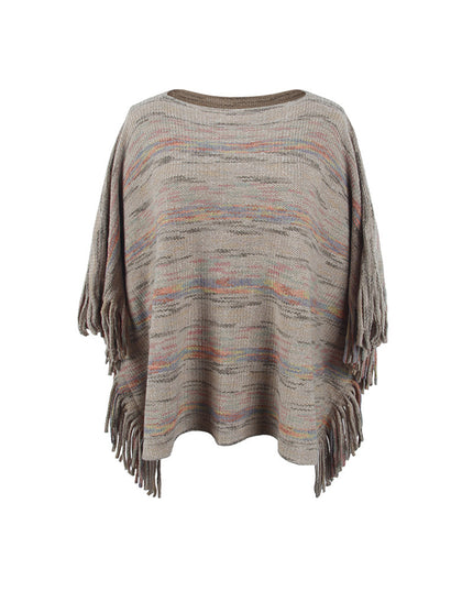 Round Neck Fringe Detail Sleeve Poncho Khaki One Size