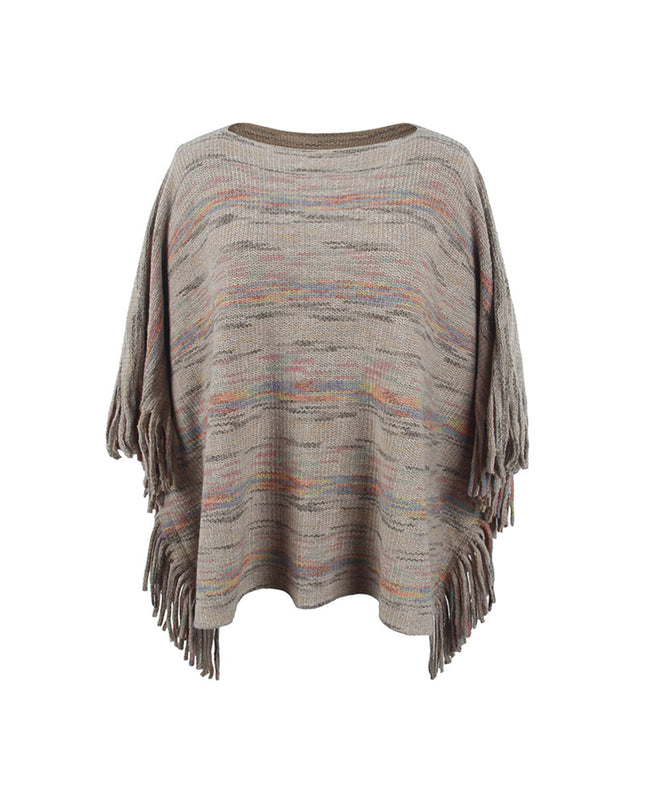 Round Neck Fringe Detail Sleeve Poncho Khaki One Size