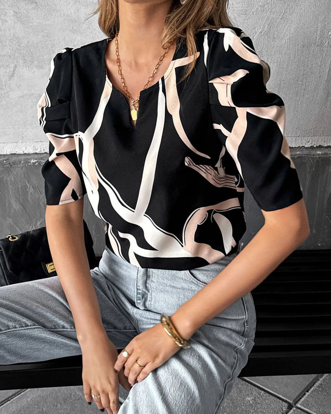 Abstract Print Puff Sleeve Notched Blouse Black