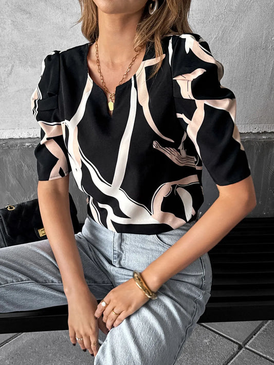 Abstract Print Puff Sleeve Notched Blouse Black