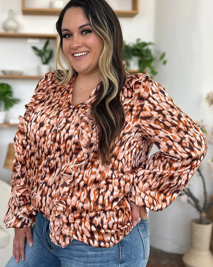 Double Take Full Size Printed Ruffle Trim Balloon Sleeve Shirt