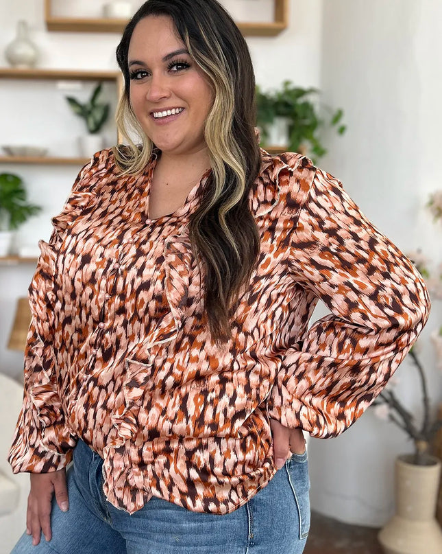 Double Take Full Size Printed Ruffle Trim Balloon Sleeve Shirt