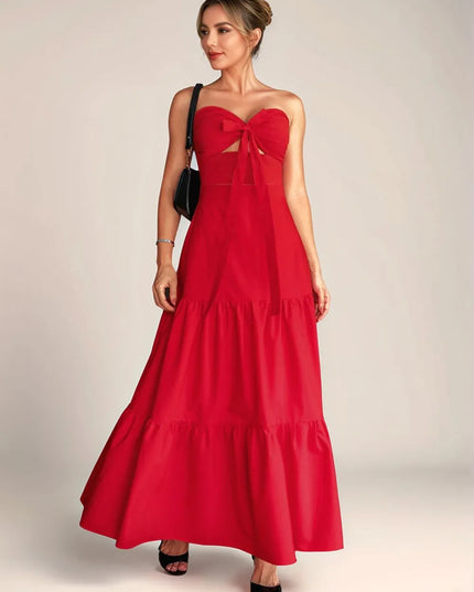 Twist Front Cutout Tiered Maxi Dress Deep Red