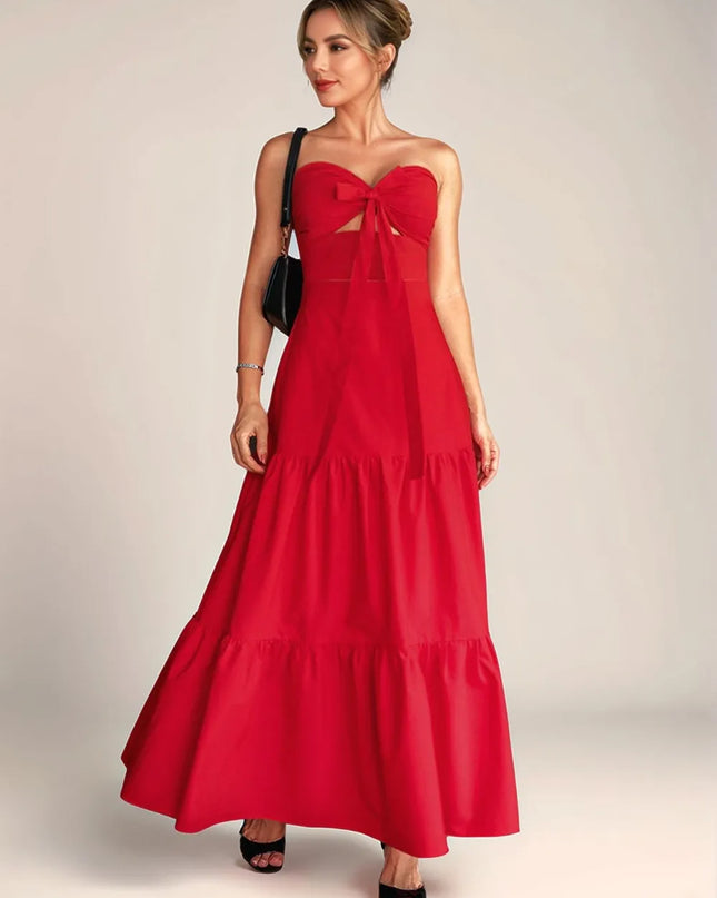 Twist Front Cutout Tiered Maxi Dress Deep Red