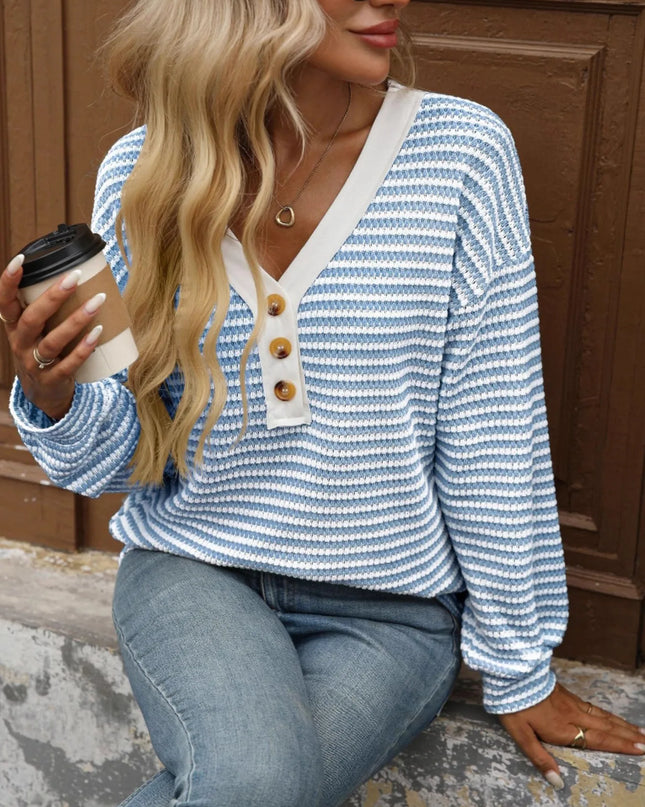 Striped V-Neck Button Front Casual Top