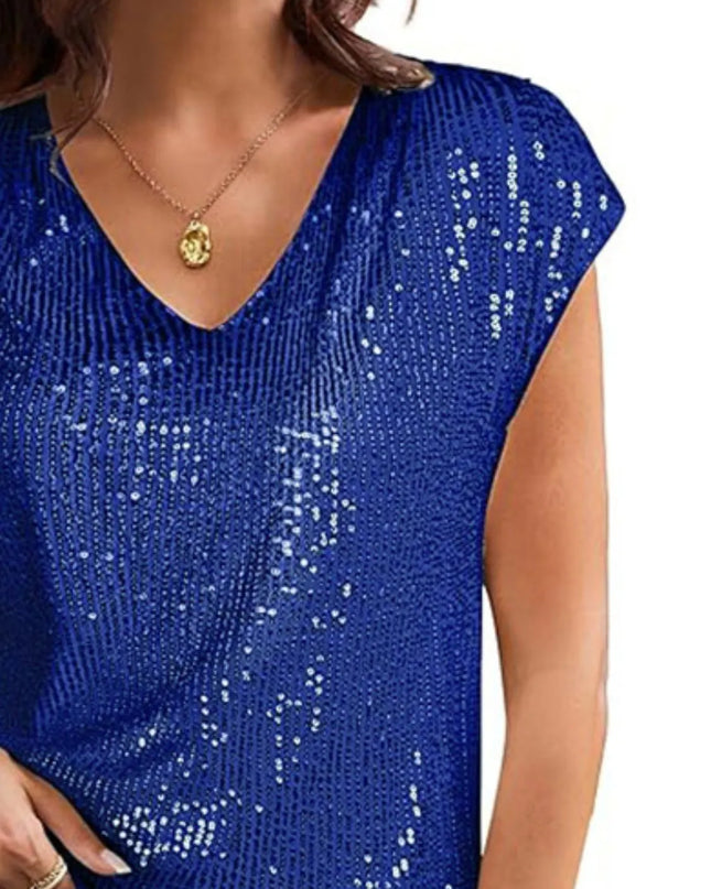 V-Neck Sequin Cap Sleeve Top