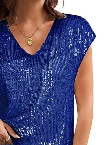 V-Neck Sequin Cap Sleeve Top
