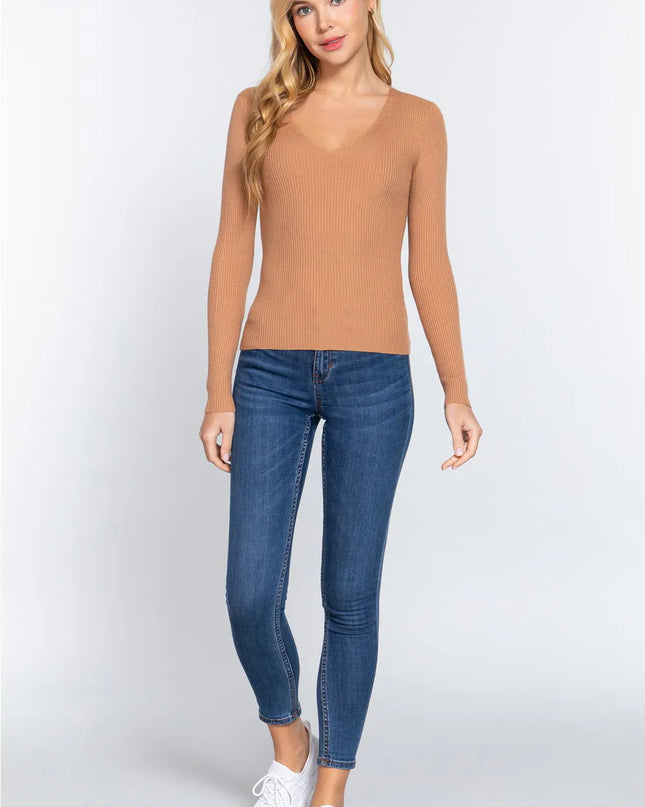 ACTIVE BASIC V-Neck Fitted Viscose Rib Knit Top