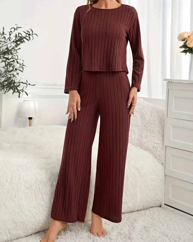 Ribbed Round Neck Long Sleeve Top and Pants Lounge Set