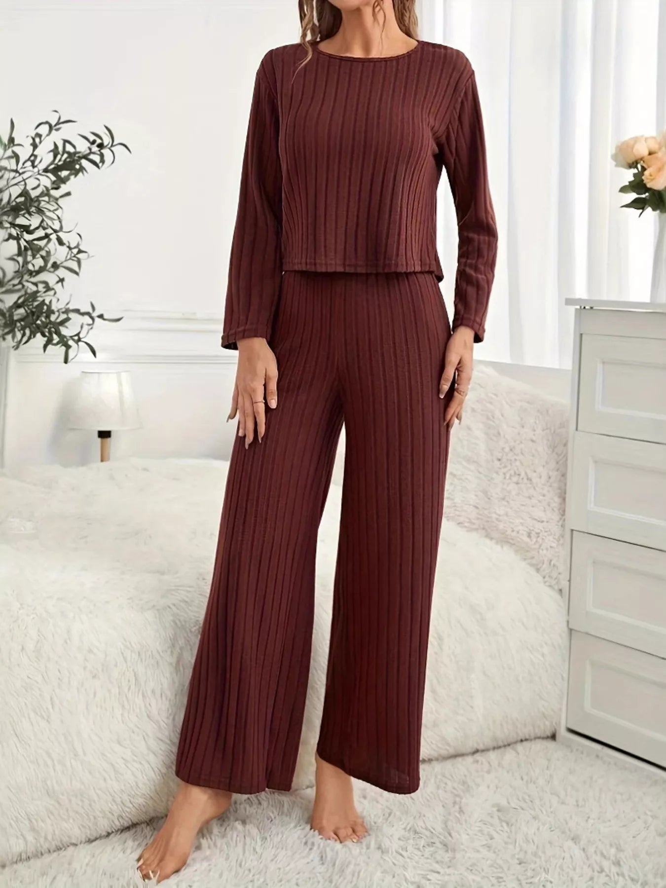 Ribbed Round Neck Long Sleeve Top and Pants Lounge Set