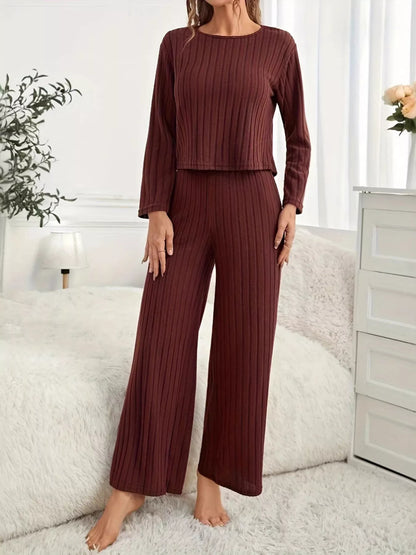 Ribbed Round Neck Long Sleeve Top and Pants Lounge Set