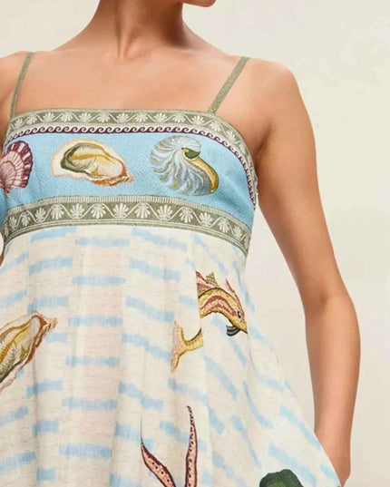 Ocean Print Spaghetti Strap Midi Dress