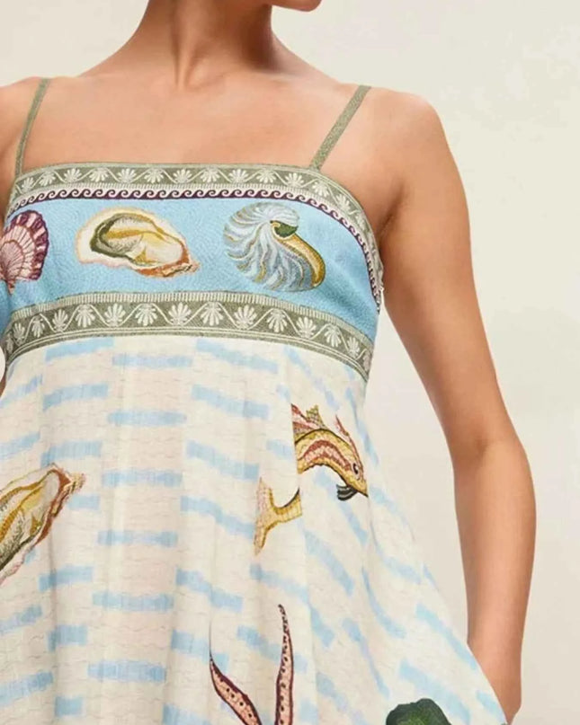 Ocean Print Spaghetti Strap Midi Dress