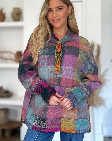 Double Take Full Size Plaid Dropped Shoulder Fleece Hoodie