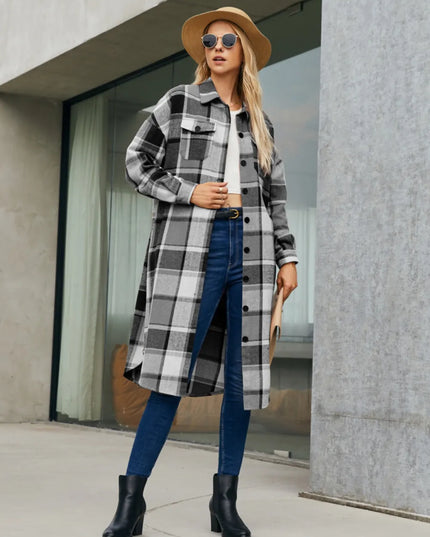 Plaid Pocketed Button Up Trench Coat 