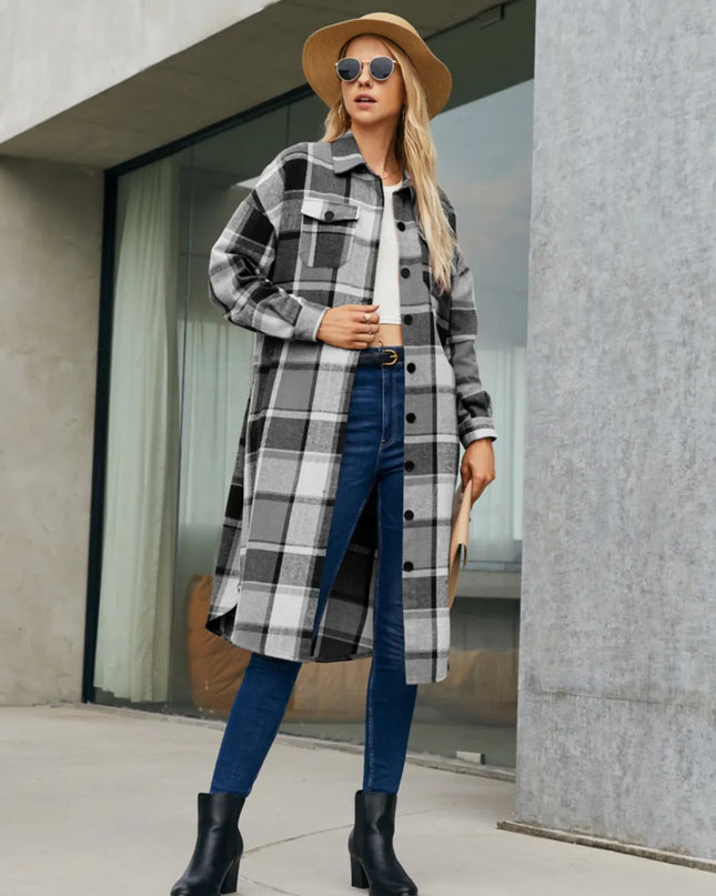 Plaid Pocketed Button Up Trench Coat 