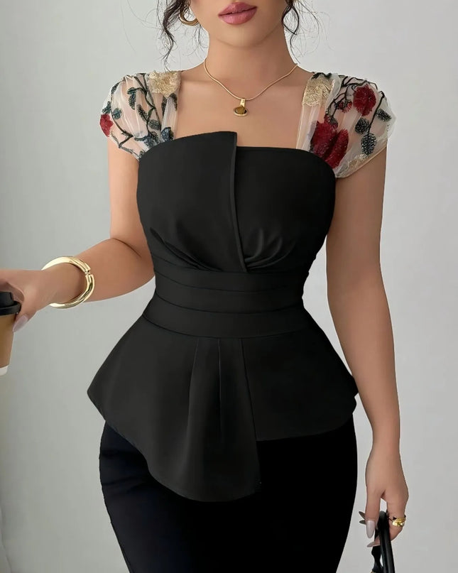 Floral Cap Sleeve Peplum Blouse Black