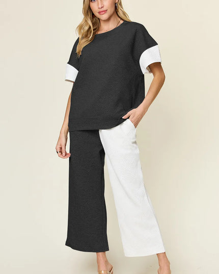 Double Take Full Size Texture Contrast T-Shirt and Wide Leg Pants Set White