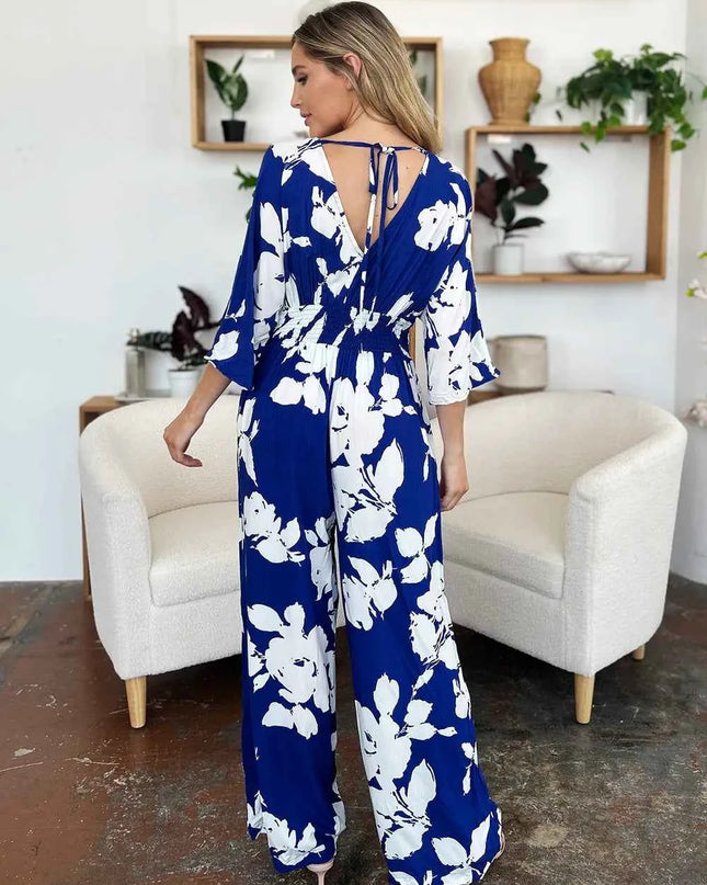 Double Take Full Size Printed Tie Back Wide Leg Jumpsuit