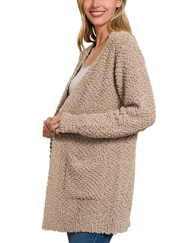 Zenana Long Sleeve Popcorn Sweater Cardigan with Pockets